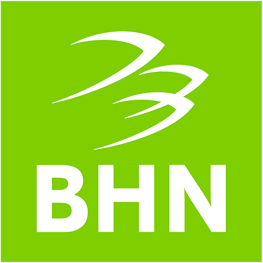 Green square logo featuring stylized white abstract shapes resembling brush strokes above the bold white letters BHN.