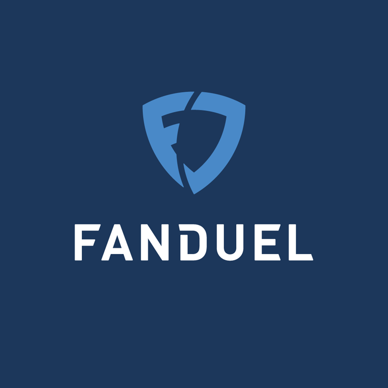 The image shows the FanDuel logo, featuring a stylized blue shield with the letter F inside. Below the shield, the word FANDUEL is written in bold white letters. The background is a dark blue color.