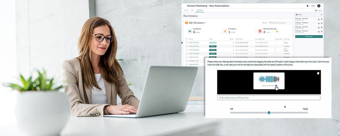 A woman in a beige blazer sits at a desk working on a laptop. On the screen, theres a website with tabs labeled AI Versions and Run History, featuring a waveform and comment box. A plant is visible on the desk.