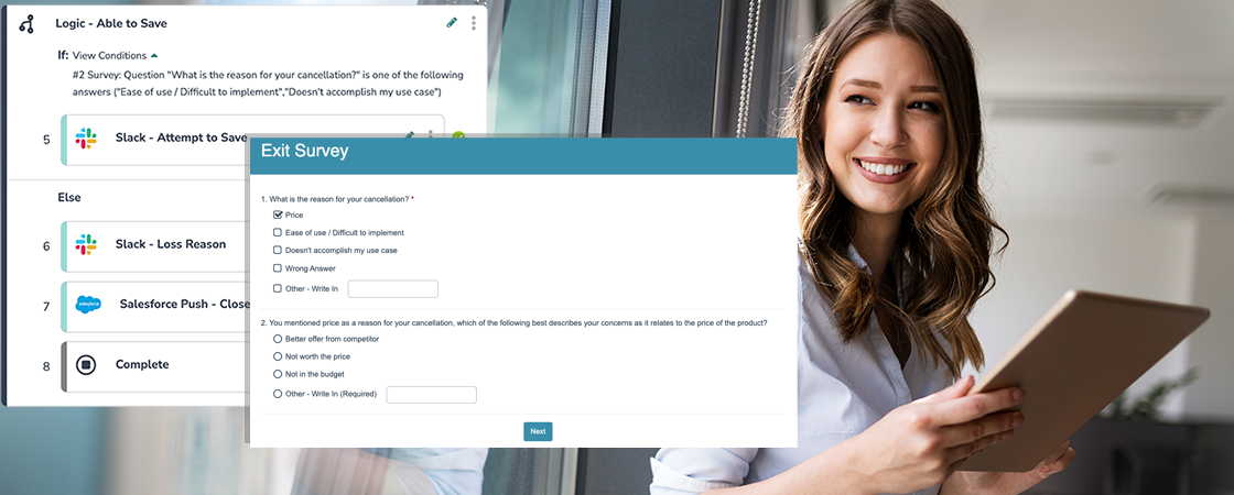 A woman holding a tablet smiles while looking at a computer screen. The screen displays a survey form titled Exit Survey, with various question fields and multiple-choice options. A workflow interface is partially visible on the left.