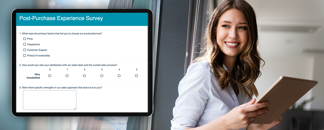 A woman holding a tablet stands near a window. Next to her is a digital screen displaying a Post-Purchase Experience Survey with questions about choosing protection services, rating satisfaction, and noting standout sales team aspects.