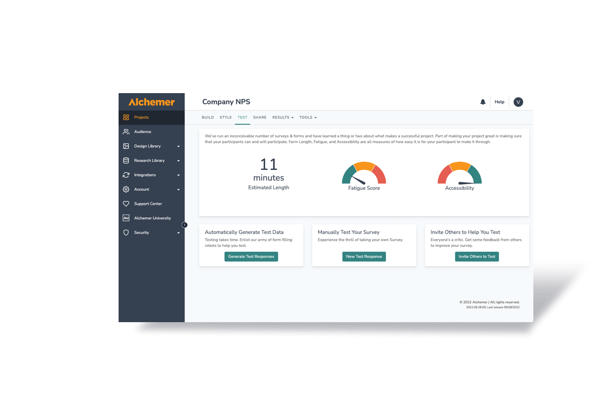 A dashboard with sections Build, Style, Test, Share, Results, and Tools. It shows test project details, including estimated length of 11 minutes, fatigue score, and accessibility. Buttons offer options to generate test data and invite others.