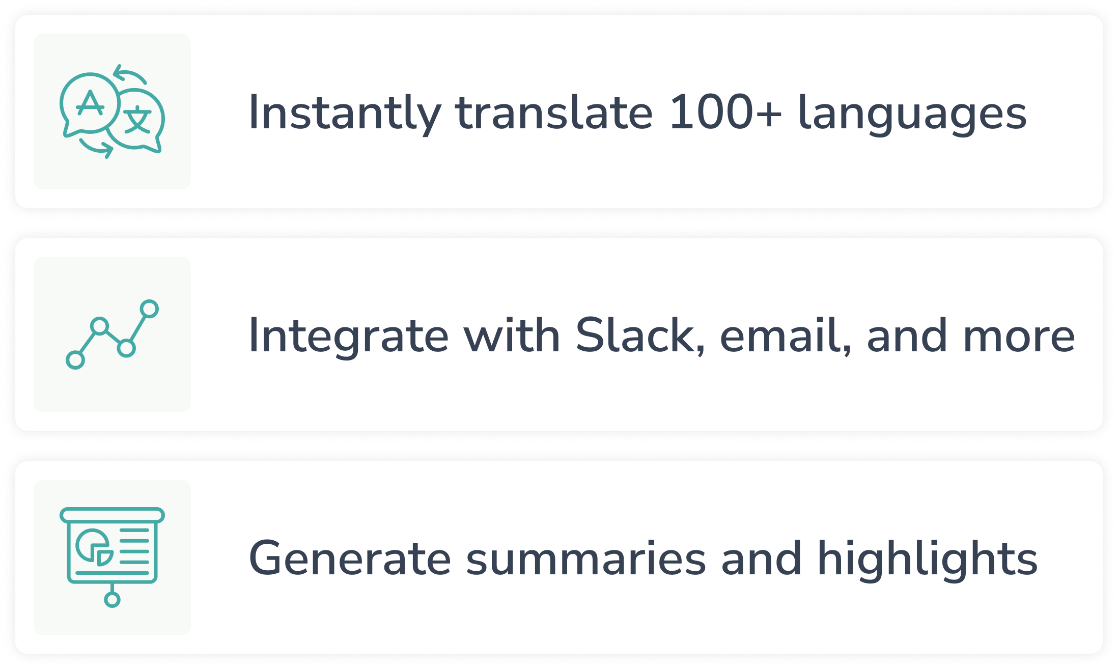 Icons and text describe features: Instantly translate 100+ languages with a translation icon, Integrate with Slack, email, and more with a network icon, and Generate summaries and highlights with a document icon.