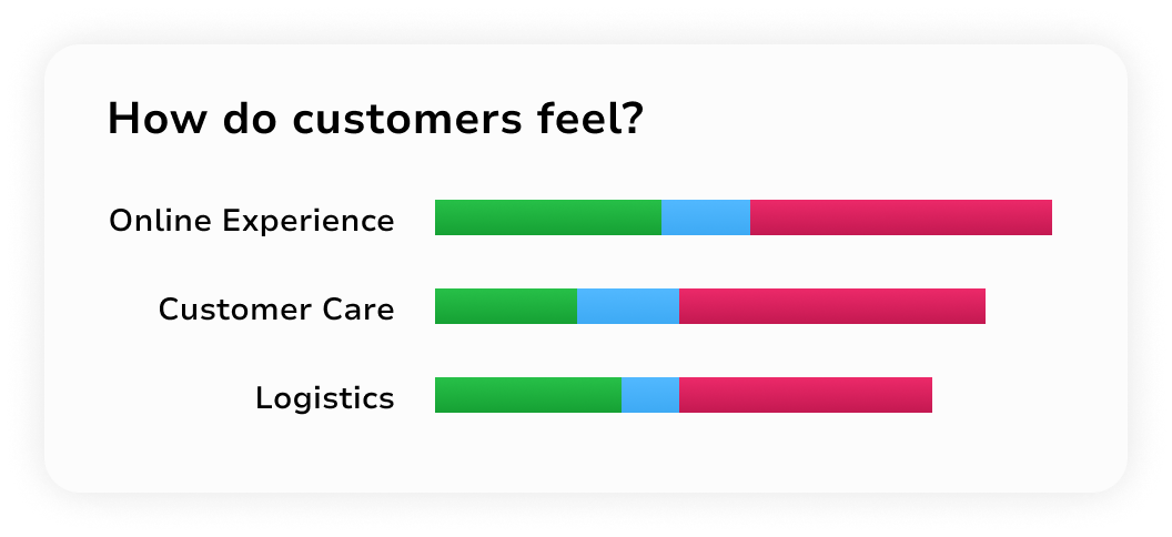 A horizontal bar chart titled How do customers feel? displays three categories: Online Experience, Customer Care, and Logistics. Each bar shows green (positive), blue (neutral), and red (negative) segments indicating customer sentiment.