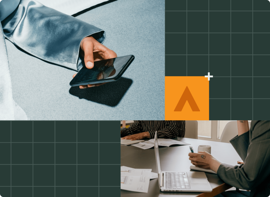 A collage featuring a person holding a smartphone on a fabric surface, and two people seated at a table with a laptop, documents, and a coffee cup, all enhancing retail customer experience. The background includes a dark grid pattern with an orange Alchemer Rune logo.