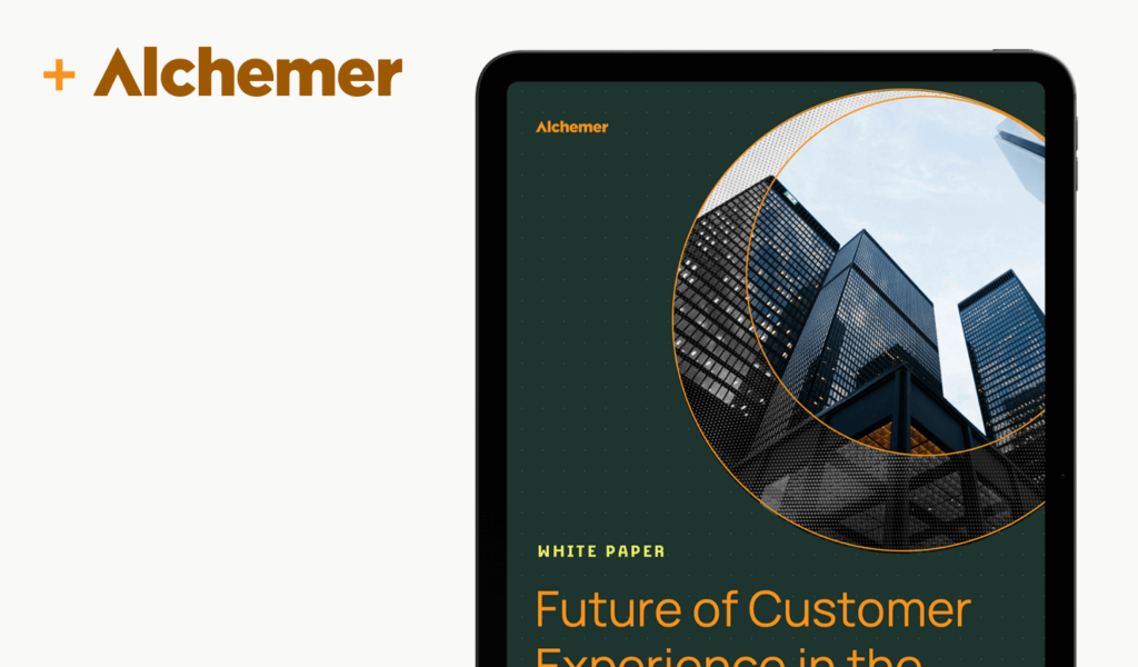 A tablet displaying a white paper titled Future of Customer Experience with an image of skyscrapers. The branding reads Alchemer in the top left corner against a light background.