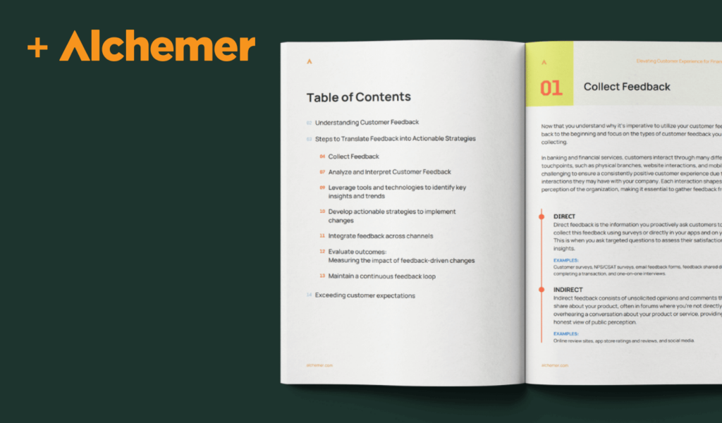 Open book displaying a table of contents under the title Collect. Sections listed include understanding customer feedback, analysis, strategy, and feedback loops. The background is dark green with Alchemer in bold orange text on the left.