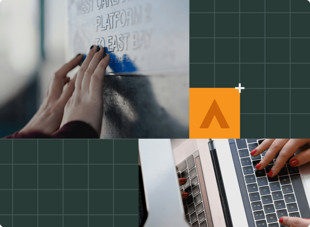 A collage of images highlighting the Alchemer Rune logo along with the hands of a woman diligently typing on a laptop, immersed in her tasks in a bright setting and another image of A person reaching out to touch a sign affixed to a wall, showcasing interaction with the displayed information.