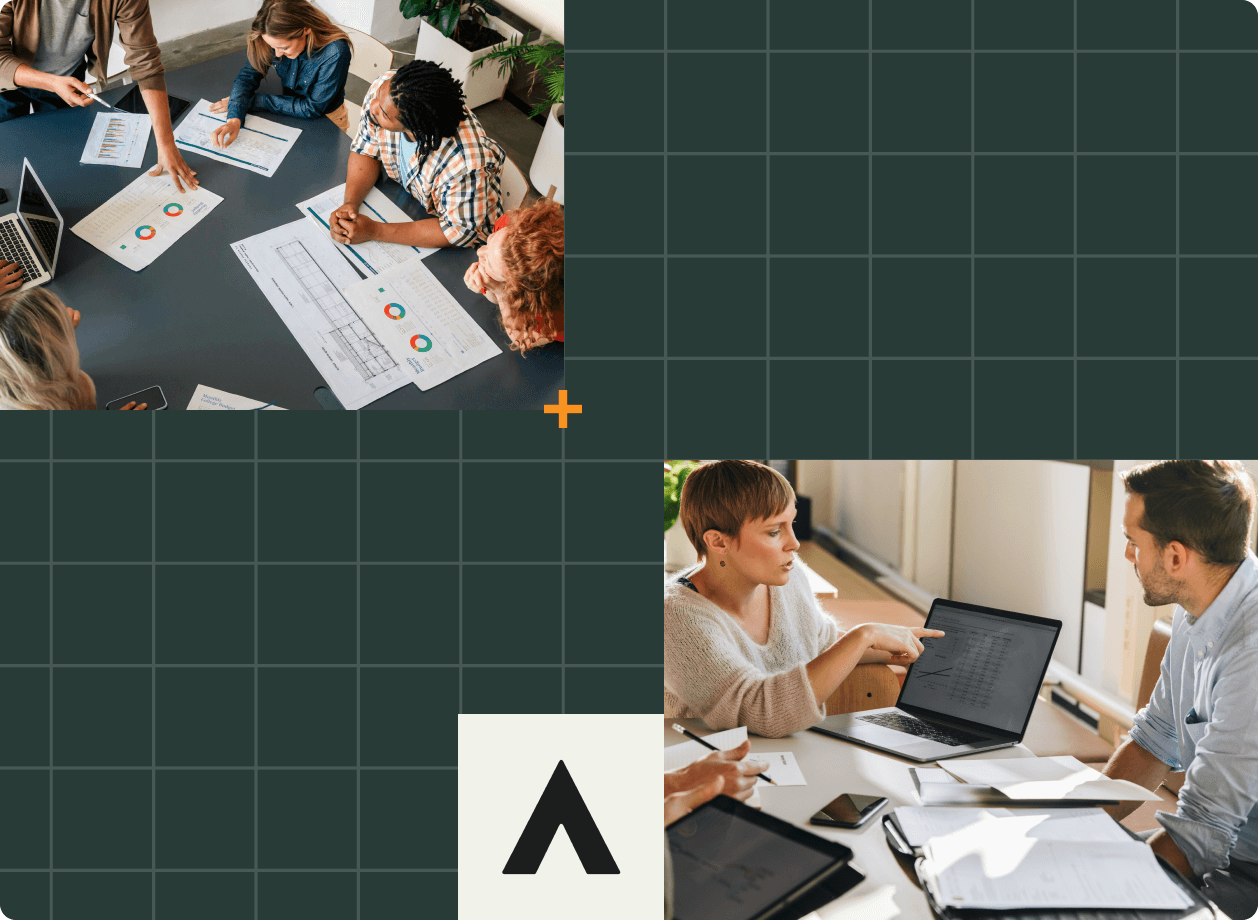 Collage with two images: one shows a diverse group analyzing charts at a table, and the other depicts three people discussing data on a laptop. Background is a dark grid with a small, abstract triangular logo.